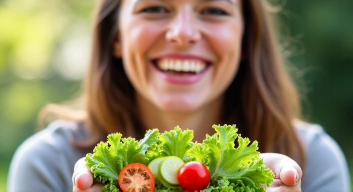 Mujer sonriendo mientras come una ensalada fresca