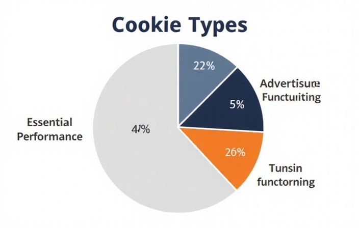 Gráfico circular mostrando la distribución de diferentes tipos de cookies: esenciales, rendimiento, funcionalidad, publicidad.