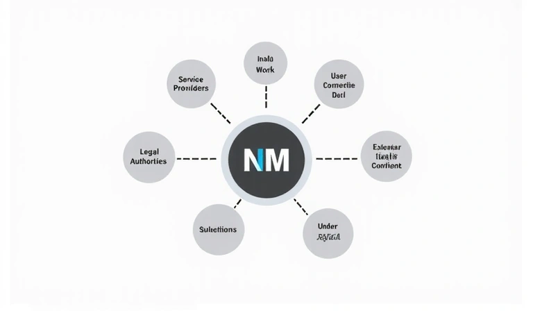 Ilustración de un círculo central con el logo de Nutrición México, conectándose con líneas a pequeños círculos representando proveedores de servicios, autoridades legales y el usuario, simbolizando el flujo de datos.