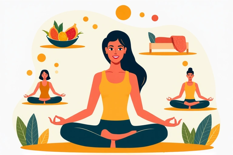 Ilustración de una persona con un estilo de vida equilibrado, rodeada de elementos como alimentos saludables, yoga, sueño y naturaleza, simbolizando un enfoque holístico.
