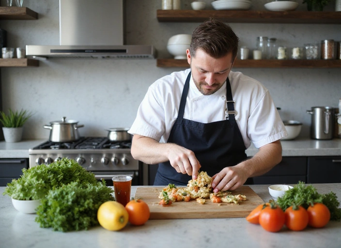 Un chef preparando una comida saludable y deliciosa en una cocina moderna.